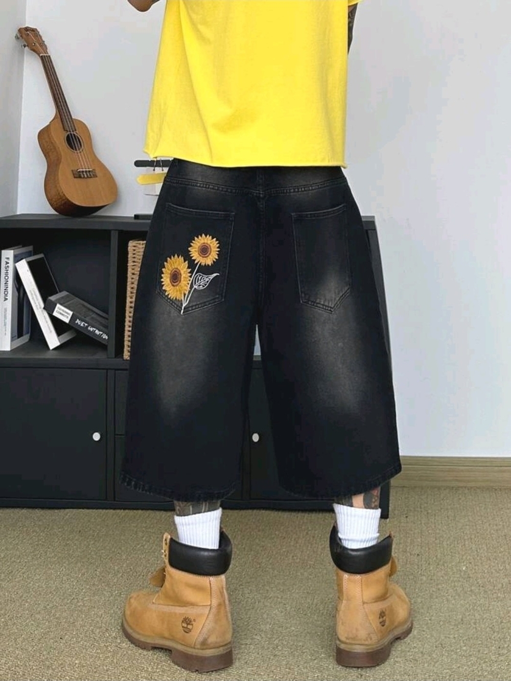 Men's Black Denim Sunflower Pocket Shorts